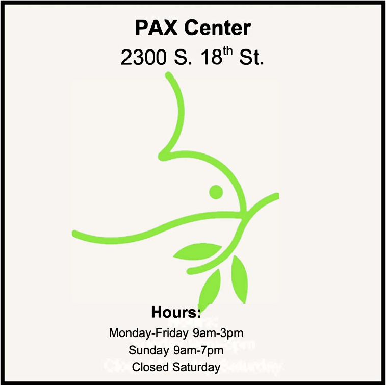 PAX Center 2300 S. 18th St. Monday-Friday 9am-3pm, Sunday 9am-7pm, closed Saturday https://philadelphiapraise.com